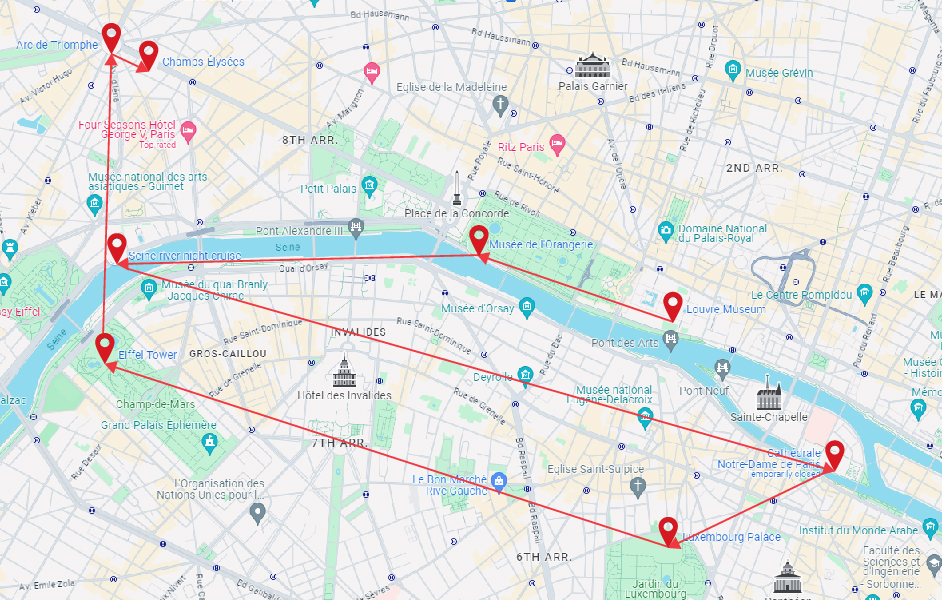 Paris One Day Itinerary plan in map view