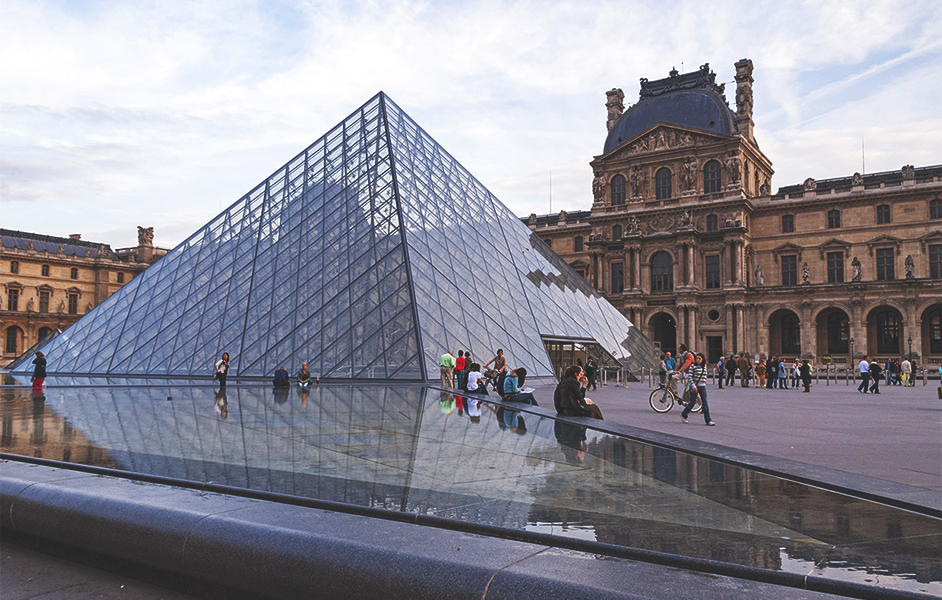 The glass pyramid entrance of the Louvre Museum, with the historic palace in the background. Paris Itinerary 4 days