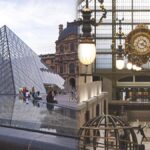 louvre vs musee d'orsay - Louvre Museum glass pyramid next to Musée d_Orsay clock façade, comparing two famous Paris museums