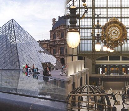 louvre vs musee d'orsay - Louvre Museum glass pyramid next to Musée d_Orsay clock façade, comparing two famous Paris museums