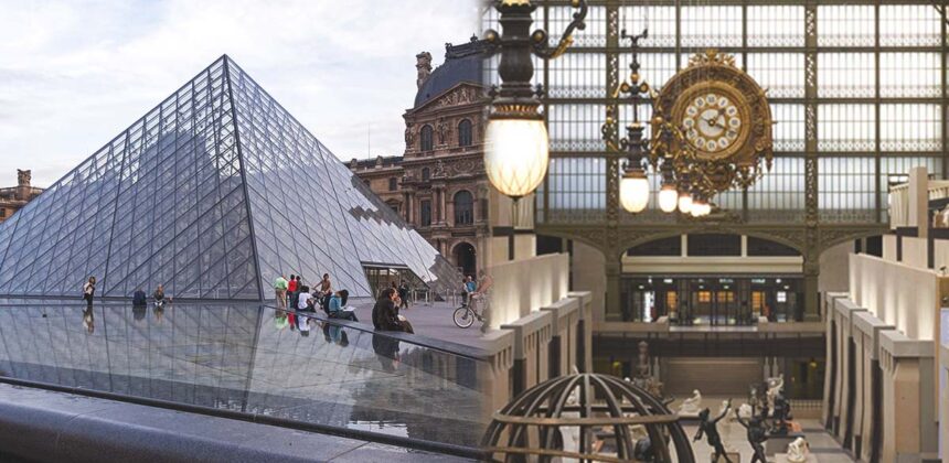 louvre vs musee d'orsay - Louvre Museum glass pyramid next to Musée d_Orsay clock façade, comparing two famous Paris museums